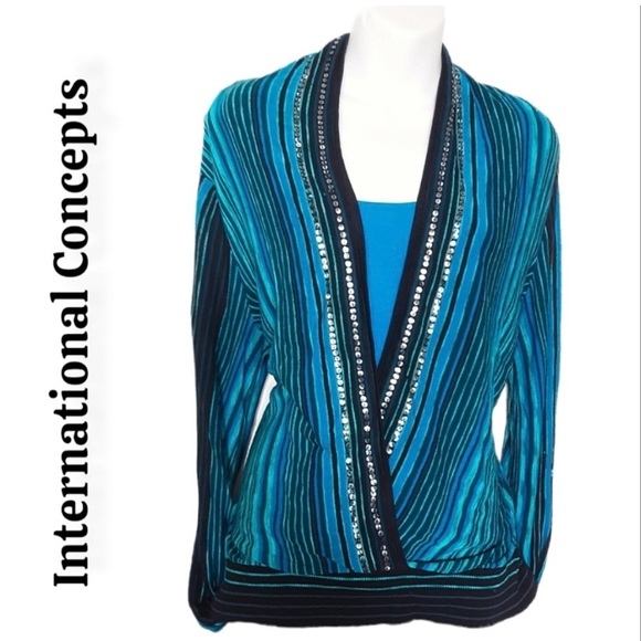 [1X] International Concept Blue & Black Sequenced Rayon Striped Blouse - Picture 3 of 3
